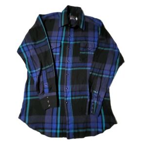 Panhandle Slim Western Shirt Black Pearl Snaps Black Blue Plaid Long Sleeve USA